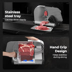 OSTBA Electric Meat Slicer with 200W DC Motor, 2 Removable 8.7” Stainless Steel Blades, Adjustable Thickness 0–15mm, Food Tray & Hand Grip, Deli Food Slicer for Meat, Cheese, Bread, Vegetables