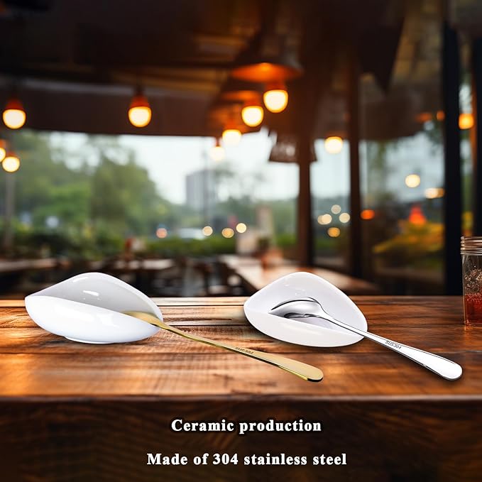 Coffee Spoon Rest Set with Spoon, Mini Ceramic Spoon Holder, Silver Ellipse Spoon, Coffee Bar Accessories