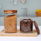 Glass Canisters With Wooden Lids Kitchen Jars for Storage,Tea,Sugar and Coffee Container Set,Set of 5 Canisters for Candy, Cookie, Rice and Spice Jars