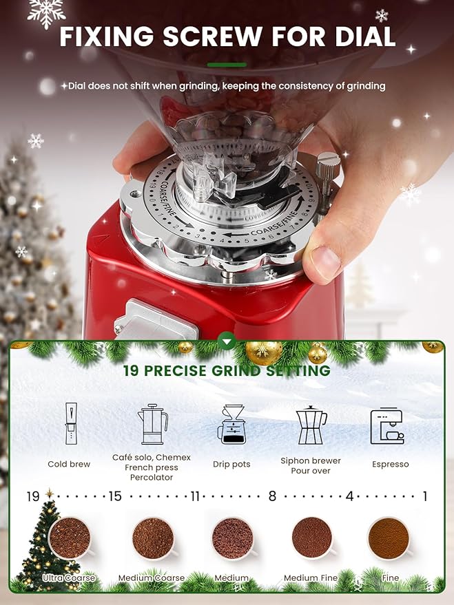 Huanyu Coffee Grinder Electric Adjustable Flat Burr Mill with 19 Precise Grind Setting 35OZ 36Cups Coffee Bean Grinding Machine Upgrade Automatic Point-action for Espresso French Press Red