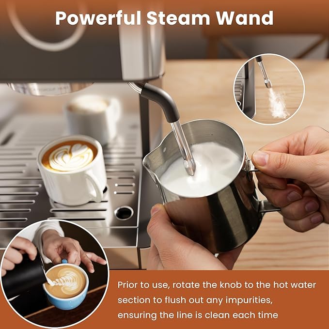 WAA Espresso Machine 20 Bar, Stainless Steel Expresso Coffee Machines with Grinder, Latte & Cappuccino Machine with Milk Frother Steam Wand for Home