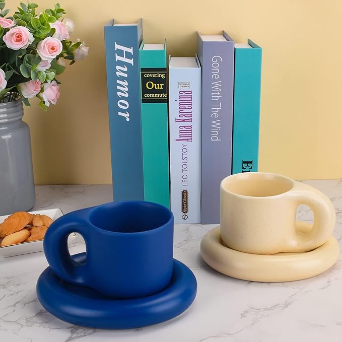 Koythin Ceramic Coffee Chubby Mug Saucer Set, Creative Cute Fat Handle Cup with Saucer for Office and Home, Dishwasher and Microwave Safe, 10 oz for Latte Tea Milk (Milky Apricot)