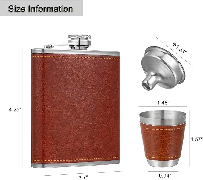 7 Oz Stainless Steel Hip Flask Gift Set Brown Leather with 2 Cups and Funnel 100% Leak Proof for Alcohol, Whiskey, Rum and Vodka Pocket Mini Drinking Flasks