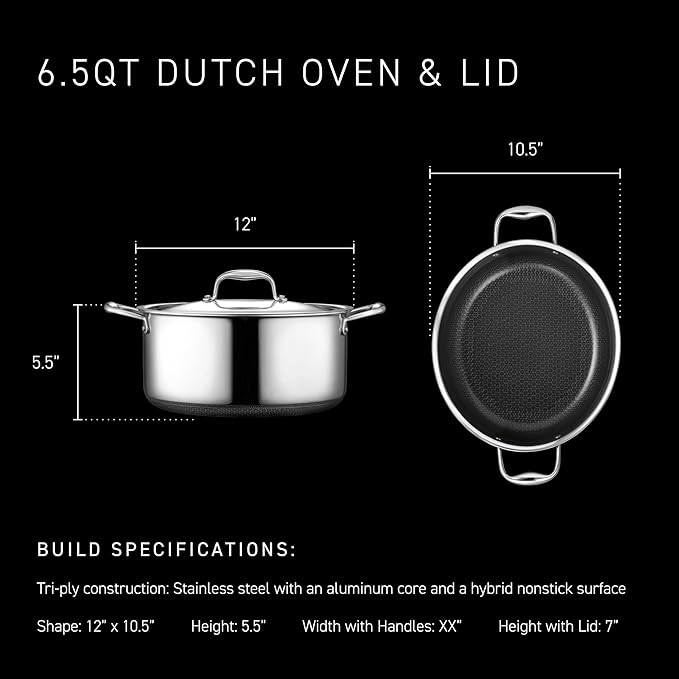 HexClad Hybrid Nonstick 6.5-Quart Oval Dutch Oven with Stainless Steel Lid, Stay-Cool Handles, Dishwasher-Friendly, Oven-Safe Up to 900°F, Induction Ready, Compatible with All Cooktops