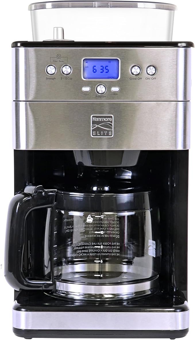 Koolatron Kenmore Elite Grind and Brew Coffee Maker - Built-In Grinder, Automatic Drip Coffee Machine, 12 Cup Programmable Brewer, Bean Grinder and Ground Coffee Brewer, Cafetera con Molino Integrade