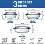NUTRIUPS Round Glass Casserole Dish Set, Glass Casseroles Cookware with Lid, Set of 3 (1L, 1.4L, 1.7L)