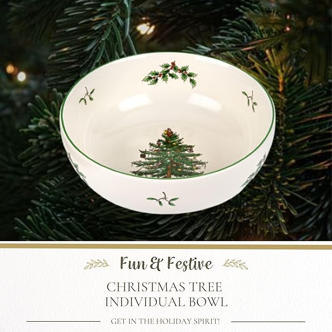 Spode Christmas Tree Individual Fruit Bowl - 7 Inch Porcelain Oatmeal, Salad, Soup, Cereal, Breakfast, Dessert Bowl - Durable, Stackable, Microwave & Dishwasher Safe - Decorative Holiday Design
