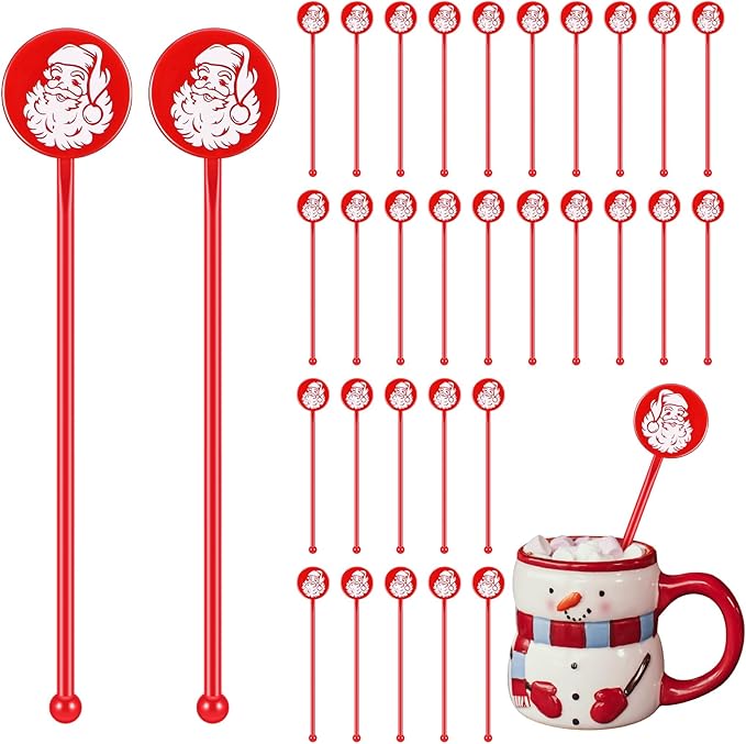 30 Pcs Christmas Drink Stirrers Xmas Stir Stick Holiday Coffee Swizzle Stick Reusable Plastic Hot Cocoa Bar Chocolate Decoration Cocktail Mixer(Santa Claus,Delicate Color)