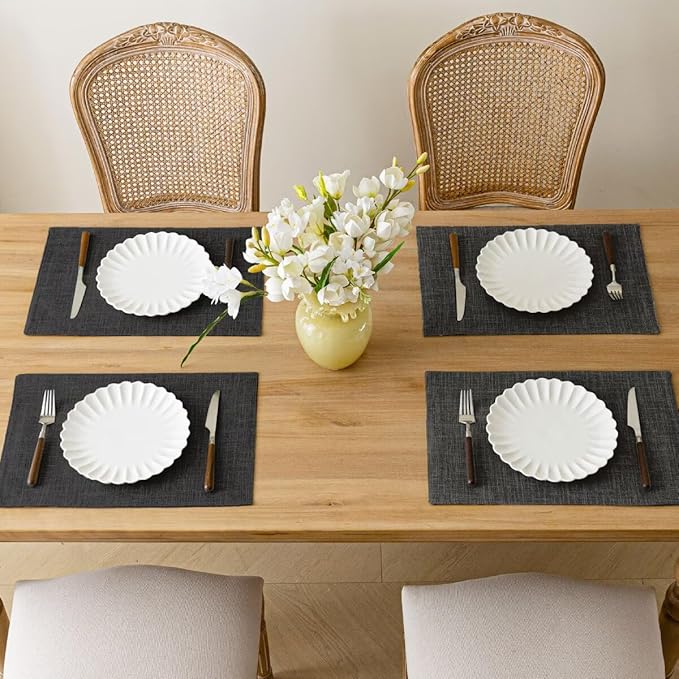 Placemats Set of 8, Bilayer Thickened Linen Place Mats Heat Resistant Machine Washable Wrinkle Free Carefully Selected Polyester Mats for Kitchen/Dining/Coffee Table (Charcoal Grey)