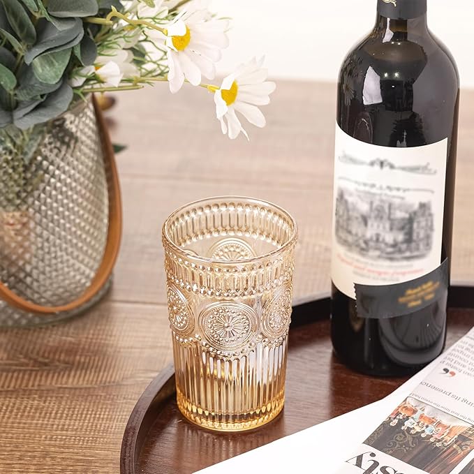 Vintage Textured Amber Striped Drinking Glasses Set of 6, 13 oz Ribbed Glassware with Flower Embossed Design, Romantic Cocktail Set, Juice Glass, Iced Coffee Cup, Colored Water Glasses Tumblers