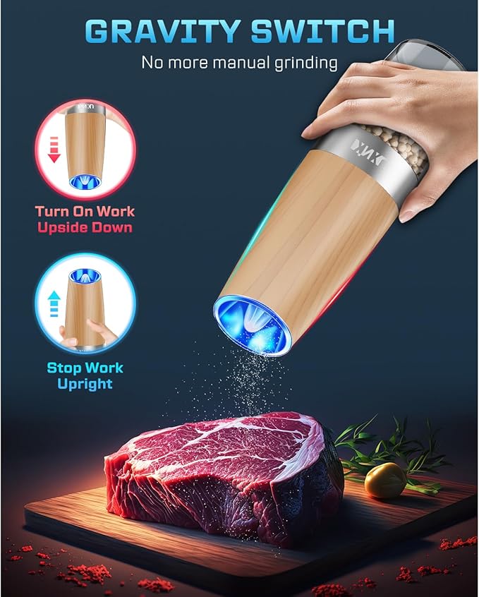 XinXu Gravity Electric Salt and Pepper Grinder Set, Automatic Mill Grinder Shaker,Battery-Operated, Adjustable Coarseness, Stainless Steel, LED Light, One Hand Operated,Wood Grain