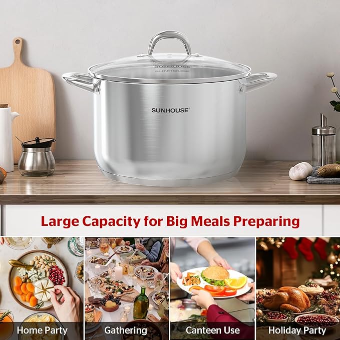 SUNHOUSE 15.5 Quart Stainless Steel Stockpot – Heavy-Duty Induction Pot with Lid and Riveted Handles – Ideal for Soup, Seafood, Stock, Canning, and Catering for Large Groups and Events