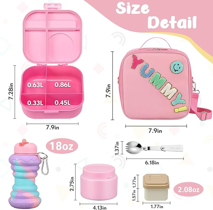 Kids Bento Lunch Box with 12oz Soup Thermo, Kids Leakproof Lunch Food Container with 4 Compartments, Insulated Lunch Bag & Water Cup for Girls Boys to School Travel