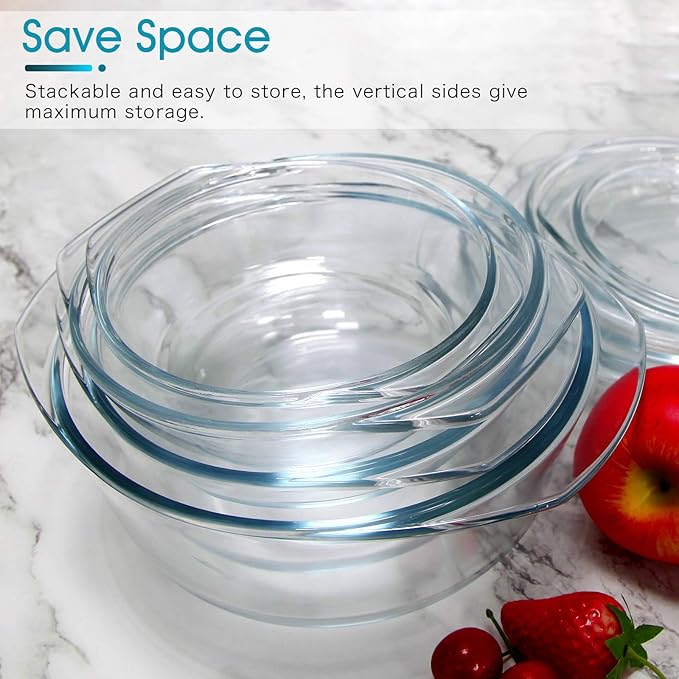 NUTRIUPS Small Round Glass Casserole Dish with lid,1.5 L glass bowl with glass lid, Microwave and Oven Safe