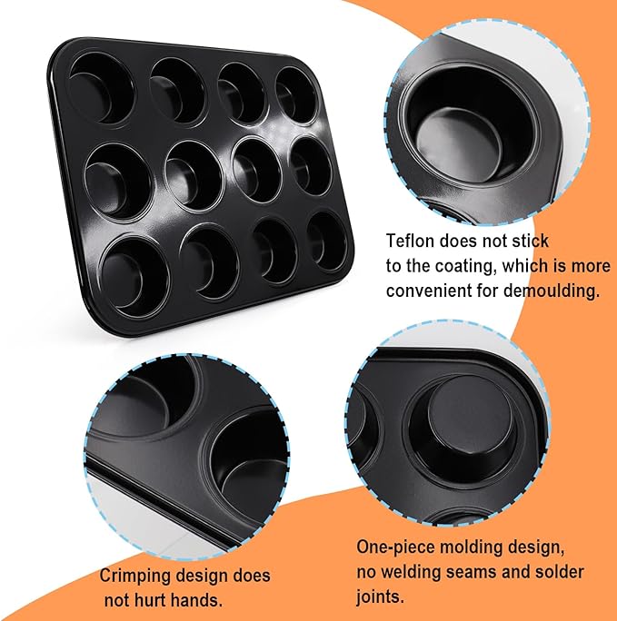 2 Packs Nonstick Round Muffin Baking Pan, Premium Steel Muffin Pan for Baking, Nonstick Cupcake Tin Cheesecake Pans, Bakeware Muffin Top Pan (12 Cups, Black)