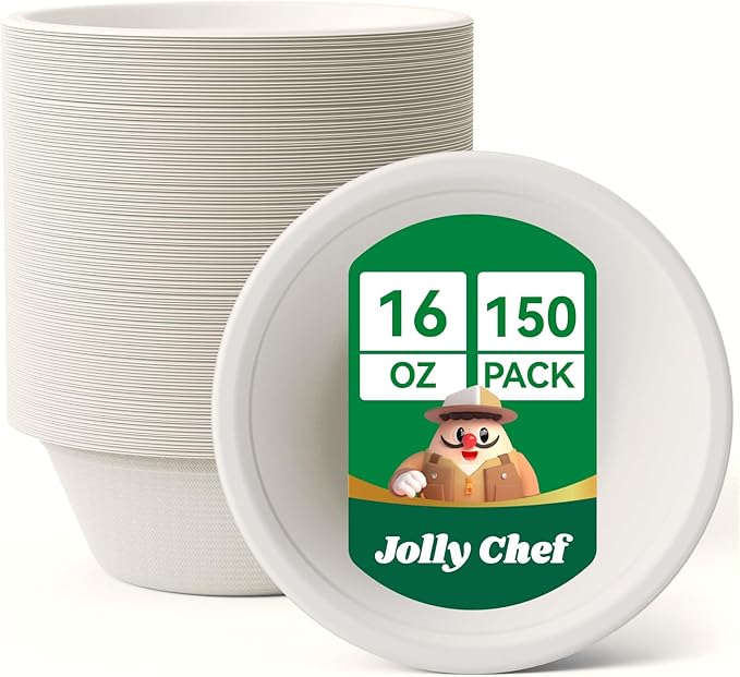 JOLLY CHEF Compostable Disposable Paper Bowl [16 oz] Heavy Duty Soup Containers [150 Pack] Biodegradable Bagasse Hot Cold Food Eco-Friendly Sugarcane Microwavable Bowls for Salad Dessert Milk Cereals