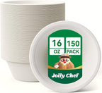 JOLLY CHEF Compostable Disposable Paper Bowl [16 oz] Heavy Duty Soup Containers [150 Pack] Biodegradable Bagasse Hot Cold Food Eco-Friendly Sugarcane Microwavable Bowls for Salad Dessert Milk Cereals