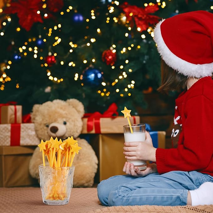 30 Pcs Christmas Drink Stirrers Xmas Stir Stick Holiday Coffee Swizzle Stick Reusable Plastic Hot Cocoa Bar Chocolate Decoration Cocktail Mixer(Christmas Star,Yellow)