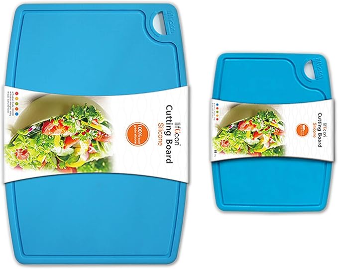 Thick Silicone Cutting Boards for Kitchen Silicone Chopping Boards/Mats Set of 2 Extra Large14.6''x10.43'', Mini 9.1”x7.1” Non-slip Deep Drip Juice Groove, Dishwasher Safe-Blue