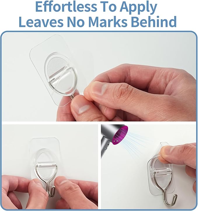 Adhesive Wall Hooks No Damage, Stick On Hooks for Hanging 10 Pack - Transparent Stainless Steel 5KG Heavy Duty, Waterproof Removable (3.5x5.3cm) Kitchen Bathroom Office, Ganchos para Pared