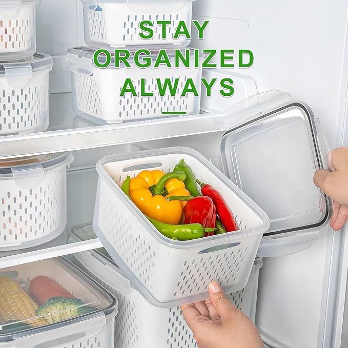 6 PCS Large Fruit Containers for Fridge - Leakproof Food Storage Containers with Removable Colander - Dishwasher & Microwave Safe Produce Containers Keep Fruits, Vegetables, Berry, Meat Fresh longer