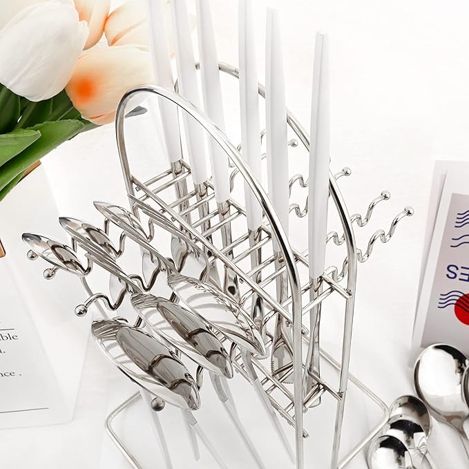 White Silver 24Pcs Flatware Set With Stand, Lightweight Dinnerware Set Stainless Steel Cutlery With White handles For Home Kitchen Wedding Party And Daily Use,Service For 6, Mirror Polish