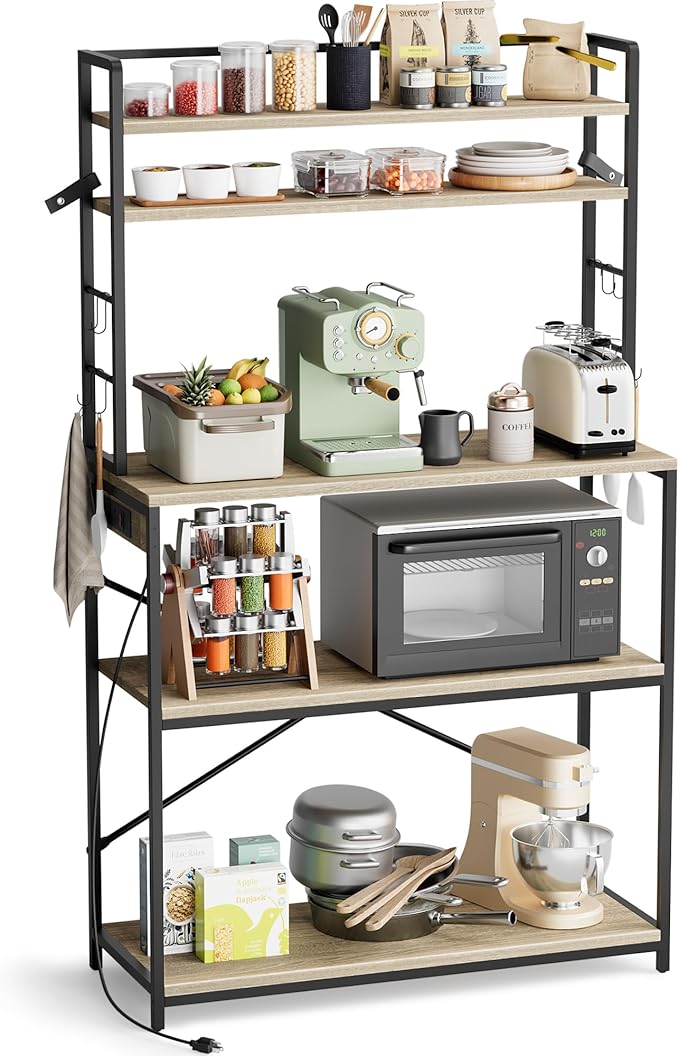 YESHOMY Kitchen Baker’s Rack with Power Outlet, 5-Tier Microwave Stand, Coffee Bar with 8 S-Shaped Hooks, Heavy Duty Storage Shelf Unit for Spices, Pots, Washed Gray