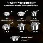 Tri-Ply Stainless Steel Pots and Pans Set 11-PC, 18/10 Stainless Steel Induction Cookware Set with Steamer Insert, Kitchen Cookware Sets with Stay Cool Ergonomic Handles, Dishwasher, Oven Safe