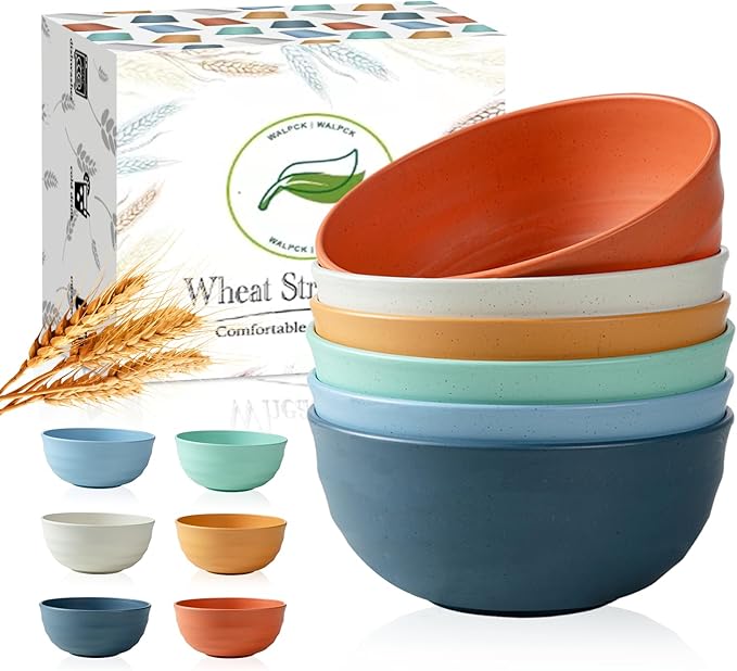 Wheat Straw Bowls Set of 6/12, Unbreakable Lightweight Bowls Set - Microwave & Dishwasher Safe, Reusable for Serving Soup, Oatmeal, Ramen & Salad (6, 60 oz)