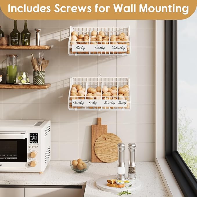 keomaisyto Fresh Egg Holder with 5 Dividers to Separate Eggs for a Week, 2 Tier Stackable Wire Baskets for Gathering Eggs, XXL Egg Rack for Countertop/Wall-Mounted, With DIY Labels, White