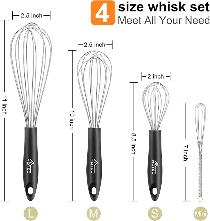 HOTEC 4 Pieces Stainless Steel Whisks Set, Wire Balloon Whisks Egg Beater, Thicken Wire &Non-slip Handle Whisk Perfect for Cooking, Stirring, Beating and Blending (Silver)