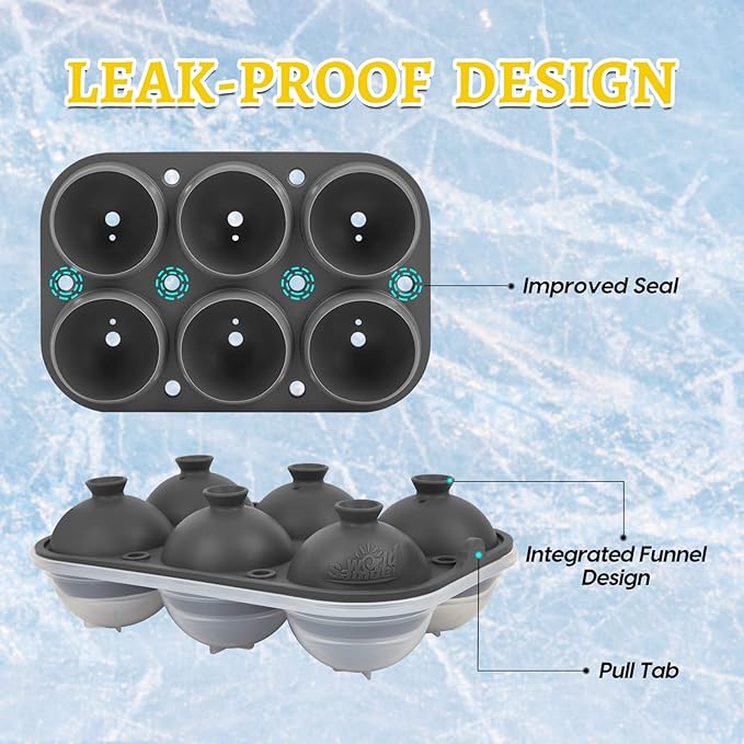 Samuelworld Premium Ice Tray Combo, Large Ice Sphere Maker & Giant Ice Cube Trays, 2 Packs, Food Grade, Durable Flexible Easy To Use, Spill-Free Integrated Funnels, Whiskey Bourbon Cocktails(Gray)