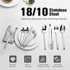 KINGSTONE Silverware Set With Serving Utensils, 65 Piece Flatware for 12, 18/10 Cutlery With 5 Piece Serving Utensil Set - Modern and Original Design, Dishwasher Safe