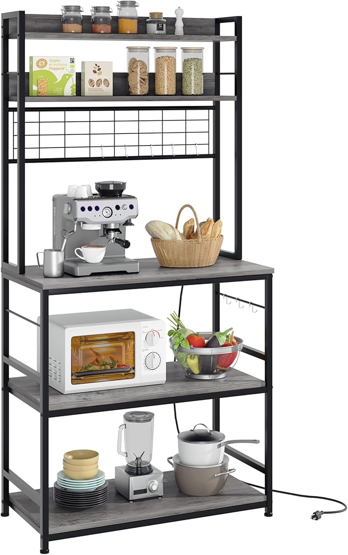 Shintenchi Bakers Rack with Power Outlet, Large Storage Space, 10 Hooks Coffee Bar with Metal Wire Panel, High Microwave Stand, Classic Kitchen Storage Shelf Design, Grey