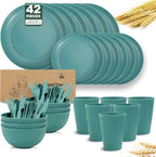 OAMCEG Plates and Bowls Sets Kitchen 42 Pcs, Plastic Wheat Straw Dinnerware Set, Dinner Plate/Dessert Plate/Cereal Bowl/Cup/Flatware Set, Dishwasher Microwave Safe, Outdoor Camping Dishes, Green