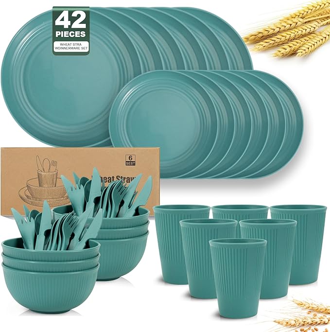 OAMCEG Plates and Bowls Sets Kitchen 42 Pcs, Plastic Wheat Straw Dinnerware Set, Dinner Plate/Dessert Plate/Cereal Bowl/Cup/Flatware Set, Dishwasher Microwave Safe, Outdoor Camping Dishes, Green