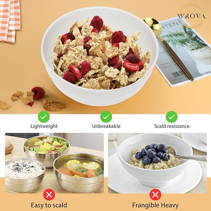 Wheat Straw Bowls Set 60 OZ, Unbreakable Large White Bowls Set of 6, Microwave and Dishwasher Safe Big Cereal Bowl for Dorm and Apartment, Salad Bowl for Serving Oatmeal and Popcorn (White)