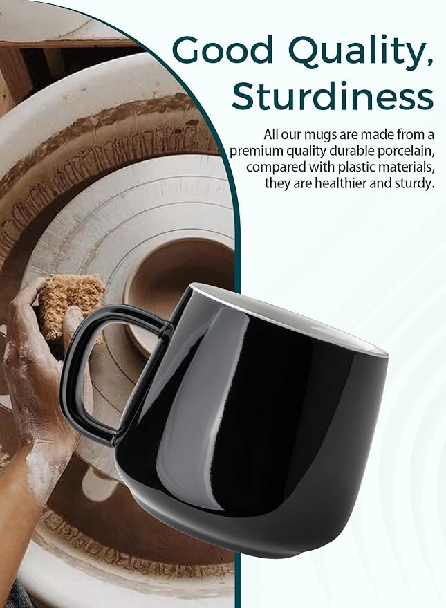 Teocera Ceramic Coffee Mug Set of 4-12 oz Coffee Mugs with Large Handles for Hot or Cold Drinks Like Latte, Cocoa, Tea or Juice - Smooth Ceramic, Dishwasher Safe，Black