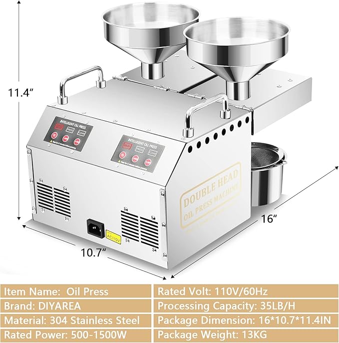 1500W Oil Press Machine with Double Oil Outlets, Automatic Commercial Oil Expeller Extractor Stainless Steel Oil Presser Pressing Mill Maker Machine for Commercial Domestic Use, 110V Silver