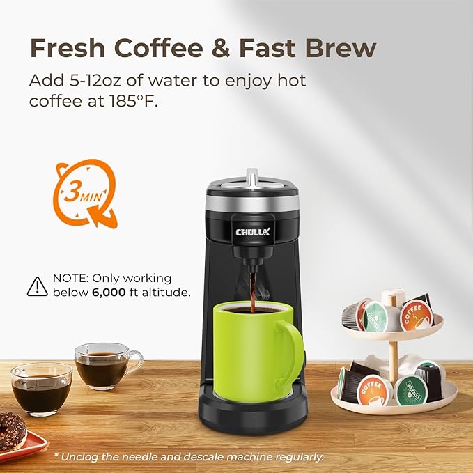 CHULUX Mini Single Serve Coffee Maker for K Cup Capsule, Tiny Small Size Coffee Machine for One Person Travel, RV, Truck and Home, Black