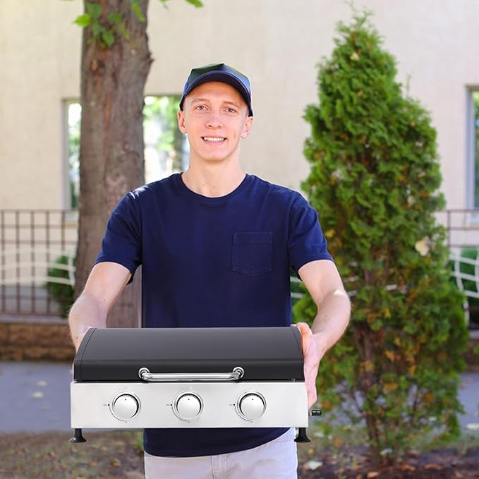 26 inch Tabletop Griddle with Ceramic Coated Cast Iron Plate, 3 Burners Flat Top pan, 28650 BTU Portable Propane Gas BBQ Grill Teppanyaki for Kitchen Outdoor Cooking Barbecue Camping (Griddle)