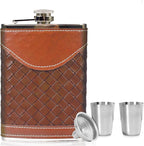 Hip Flasks for Men 8oz Leather Flask Gift Set,304 Stainless Steel Flask Set w/Funnel Shot Glasses Lovely Gift for Whiskey Rum Groomsman Best Man Usher Wedding Camping-Leather Stripe Brown 8oz