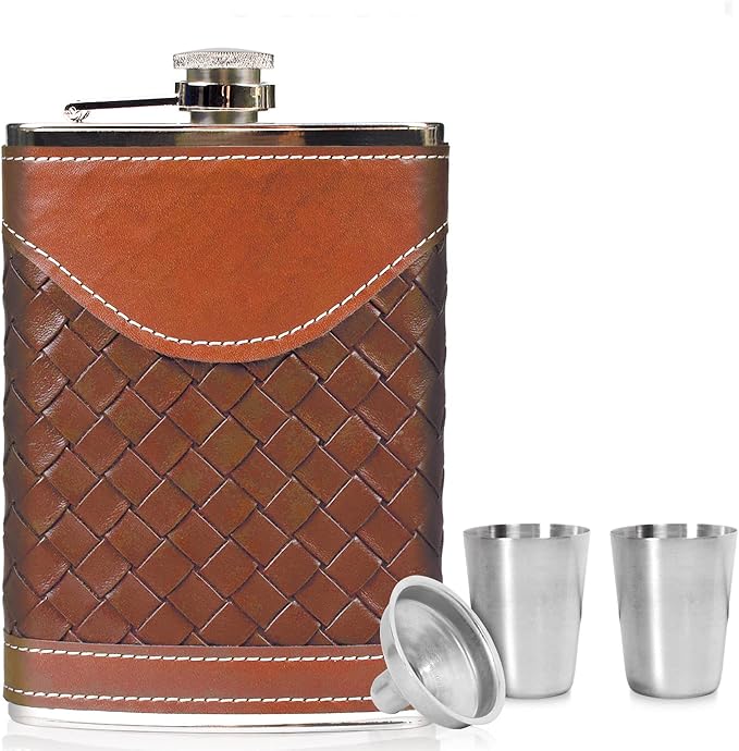 Hip Flasks for Men 8oz Leather Flask Gift Set,304 Stainless Steel Flask Set w/Funnel Shot Glasses Lovely Gift for Whiskey Rum Groomsman Best Man Usher Wedding Camping-Leather Stripe Brown 8oz