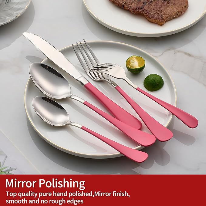20-Piece Pink Silverware Set 18/0 Stainless Steel Flatware Pink Handle Cutlery Set Service for 4 Dinner Knives Forks Spoons Set Mirror Finish Dishwasher Saf