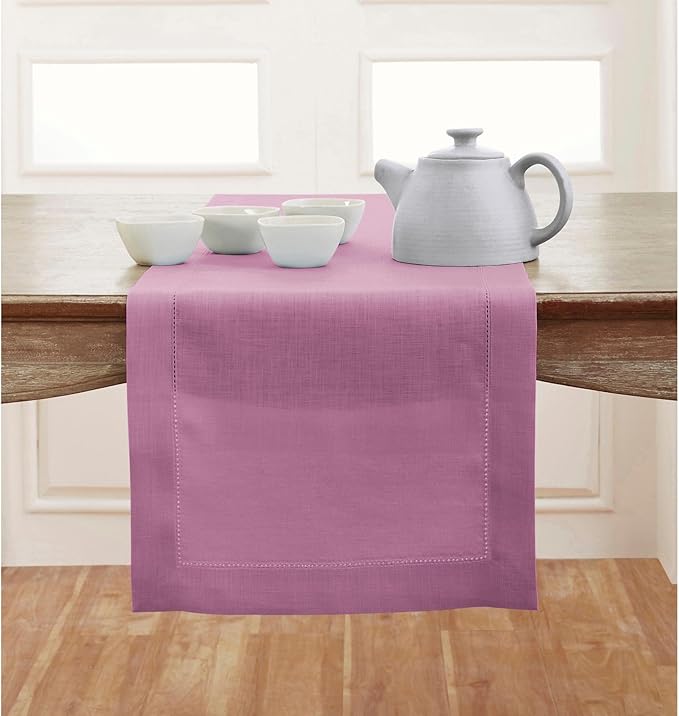 Solino Home Linen Violet Table Runner 90 Inches Long - 100% Pure Linen Hemstitch 14 x 90 Inch Table Runner for Dining, Summer, Halloween - Classic Hemstitch