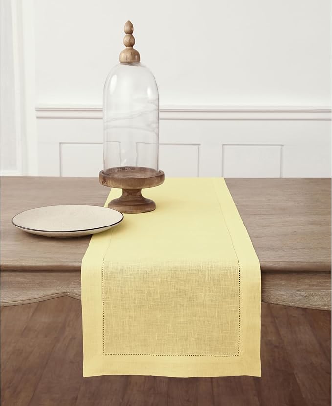Solino Home Linen Yellow Table Runner 60 Inches - Classic Hemstitch, 100% Pure Linen Coffee Table Runner 14 x 60 Inch Ideal for Dresser Tables - Summer