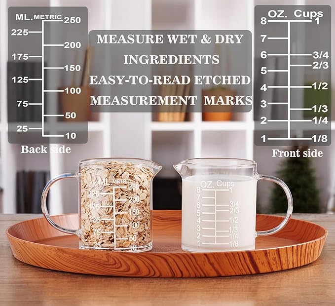Ackers Etched Graduated Glass Measuring Cup - [Insulated Handle | V-Shaped Spout] - High Borosilicate Glass Measuring Cup for Kitchen or Dining, Easy to Read, 250ml (8oz, 1 Cup)