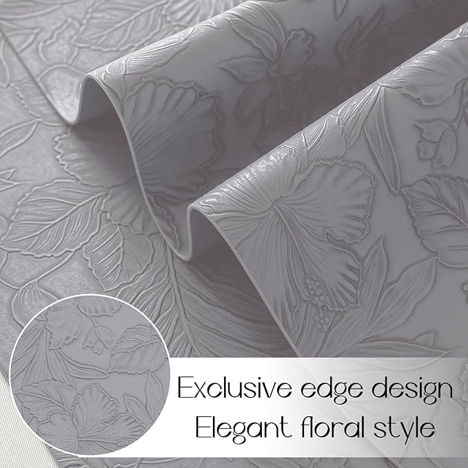 Romanstile Vinyl Placemats Set of 8-12 X 18 Inch - Heat Resistant Non-Slip Embossed Floral Place Mats 100% Waterproof Oilproof Wipeable Faux Leather Table Mats for Kitchen/Dining/Party, Grey
