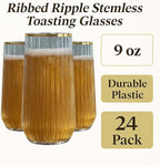 24 Pack Ribbed Ripple Stemless Toasting Glasses, Origami Durable 9 Oz BPA-Free Disposable Plastic Champagne Flutes for Weddings, Bars, Events, and Celebrations (Gold Rim)