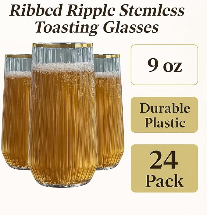24 Pack Ribbed Ripple Stemless Toasting Glasses, Origami Durable 9 Oz BPA-Free Disposable Plastic Champagne Flutes for Weddings, Bars, Events, and Celebrations (Gold Rim)